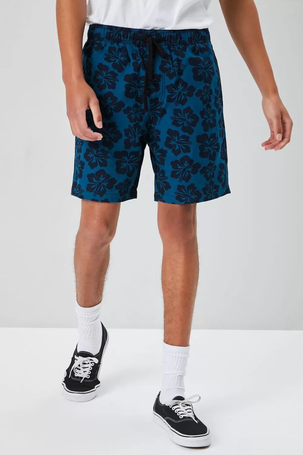 Bottoms>Forever 21 Tropical Floral Drawstring Shorts Blue/Black