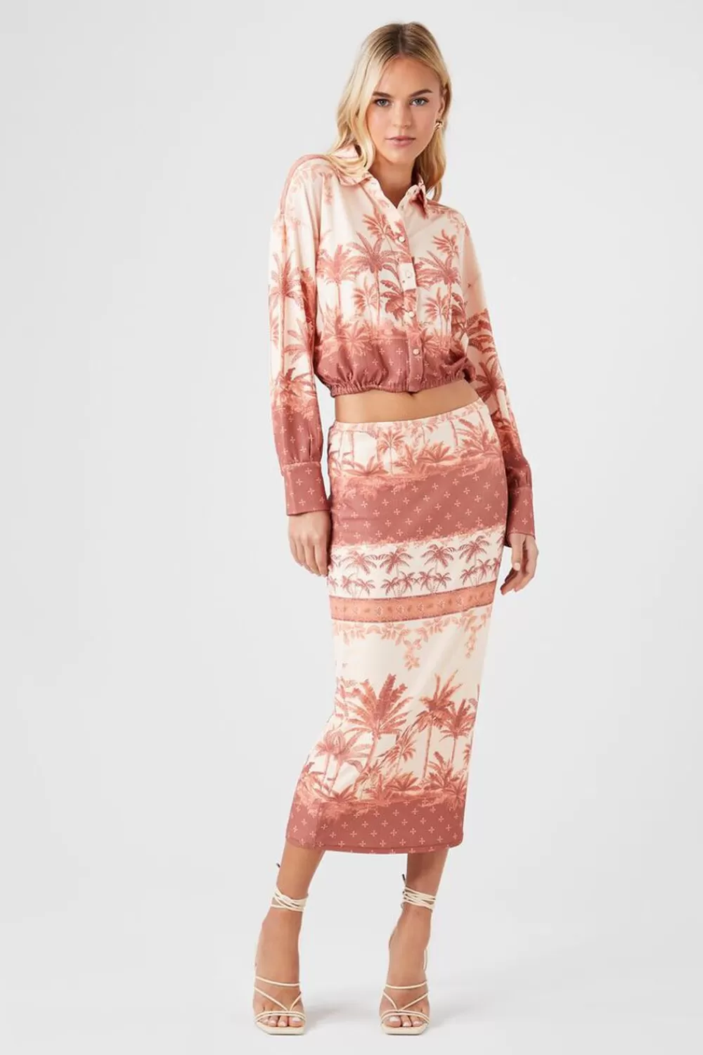 Matching Sets>Forever 21 Tropical Print Midi Skirt Rust/Multi