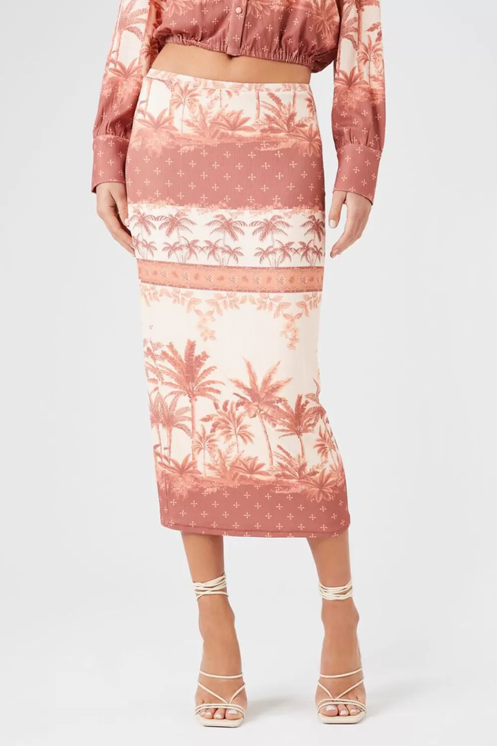 Matching Sets>Forever 21 Tropical Print Midi Skirt Rust/Multi