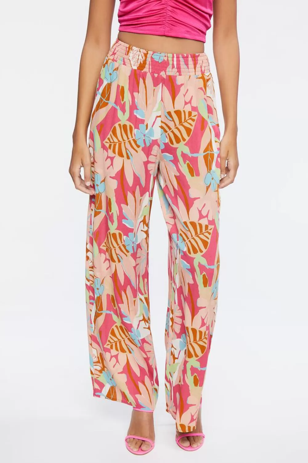 Bottoms>Forever 21 Tropical Print Palazzo Pants Pink/Multi