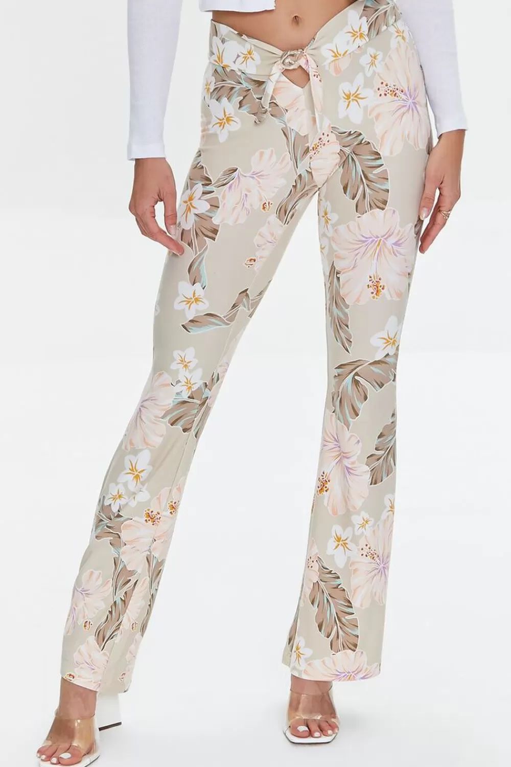 Bottoms>Forever 21 Tropical Print Self-Tie Flare Pants Taupe/Multi