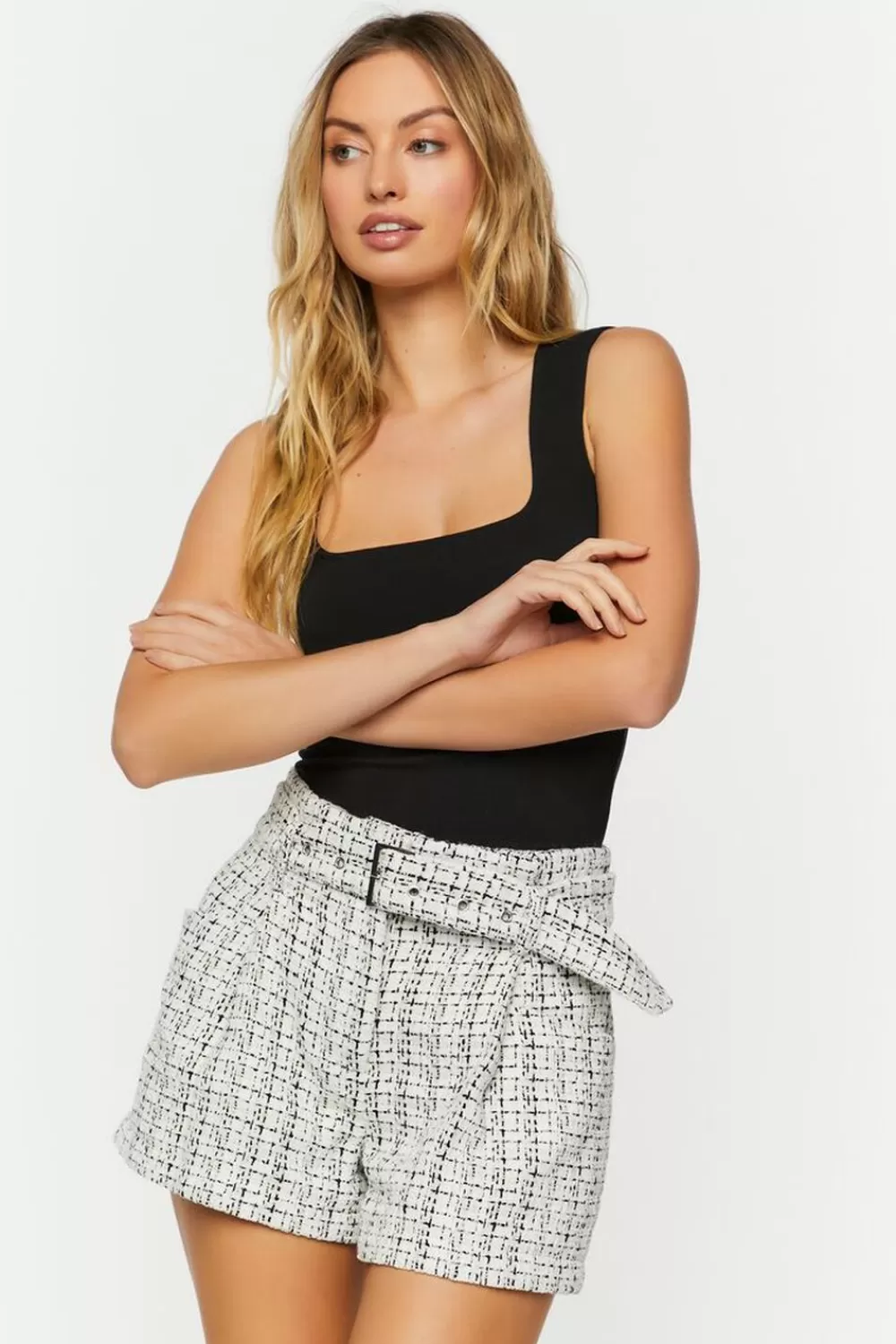 Bottoms>Forever 21 Tweed Belted High-Rise Shorts Cream/Black