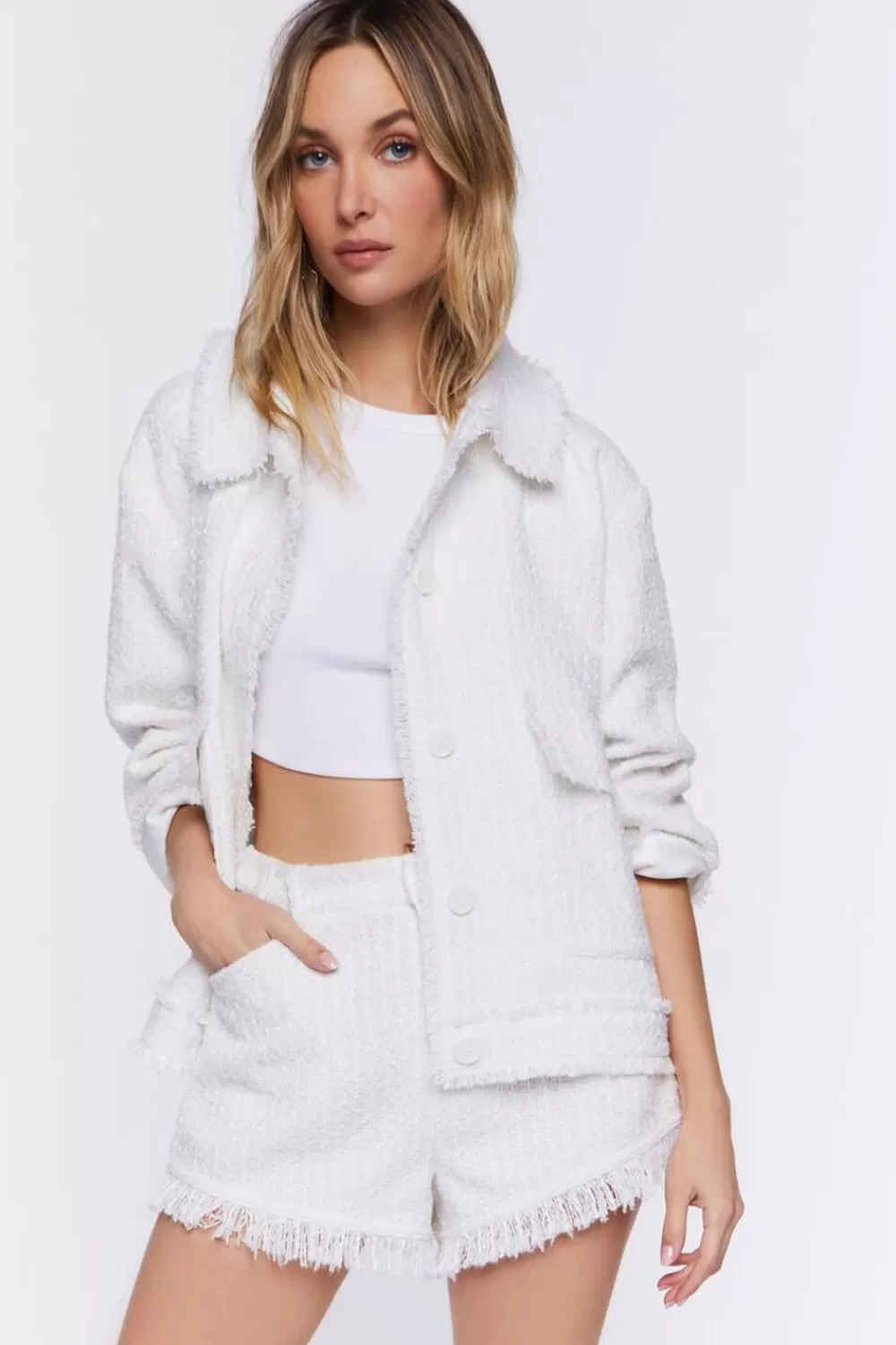 Matching Sets>Forever 21 Tweed Frayed-Trim High-Rise Shorts White/White