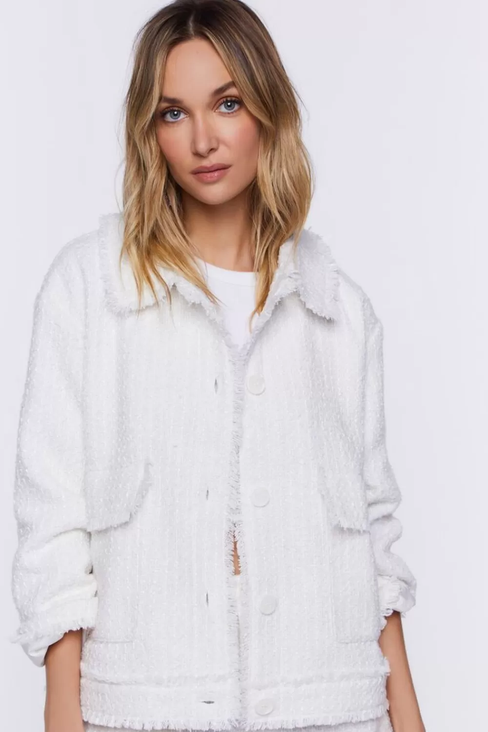 Matching Sets>Forever 21 Tweed Frayed-Trim Shacket White/White