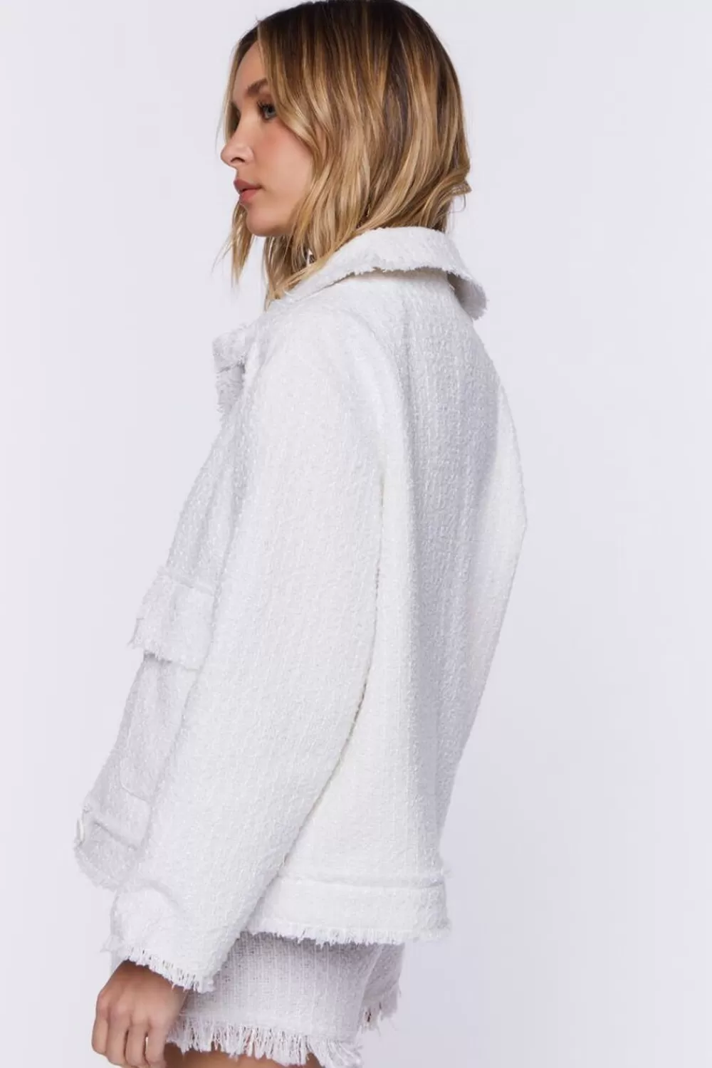 Matching Sets>Forever 21 Tweed Frayed-Trim Shacket White/White