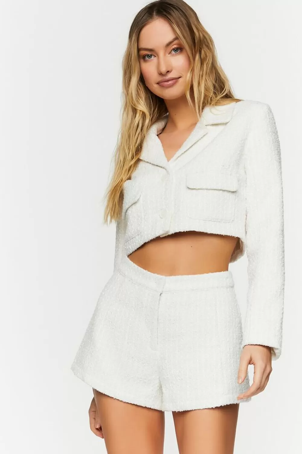 Matching Sets>Forever 21 Tweed Mid-Rise Shorts White/White
