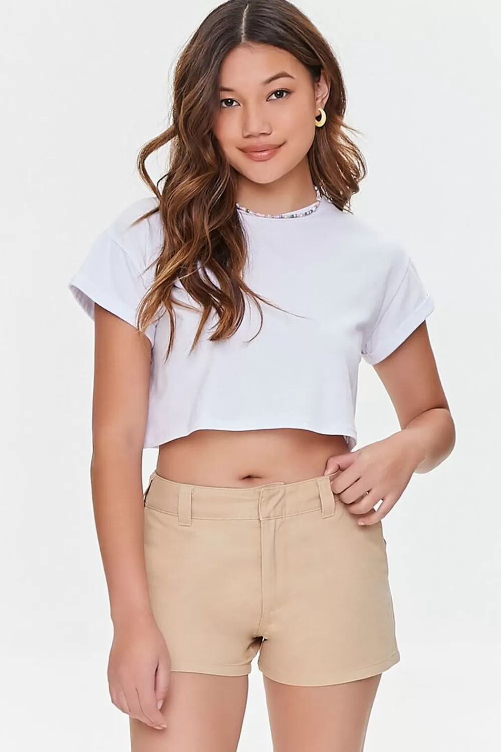 Bottoms>Forever 21 Twill Cotton Shorts Khaki