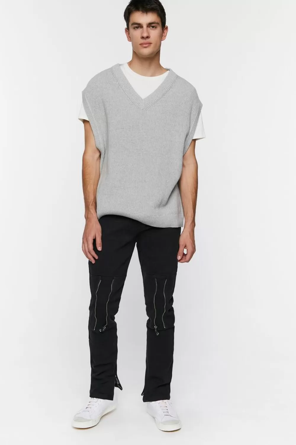 Bottoms>Forever 21 Twill Slim-Fit Zippered Pants Black