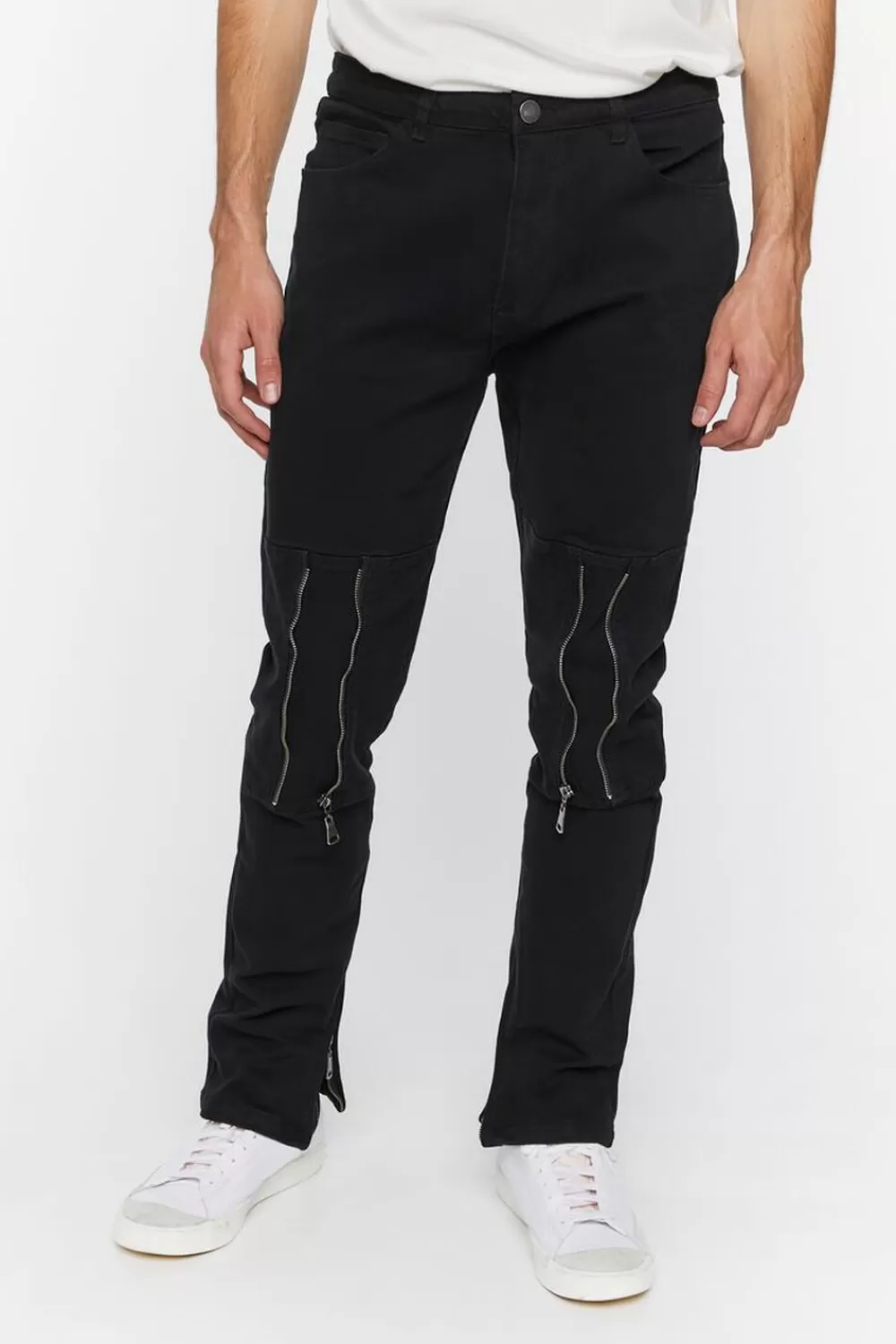 Bottoms>Forever 21 Twill Slim-Fit Zippered Pants Black