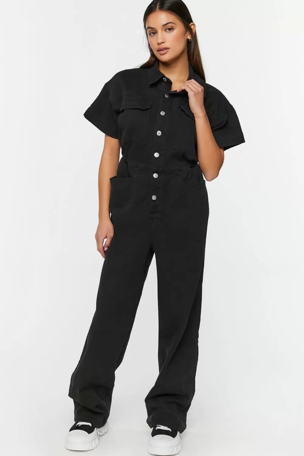 Rompers + Jumpsuits>Forever 21 Twill Straight-Leg Shirt Jumpsuit Black