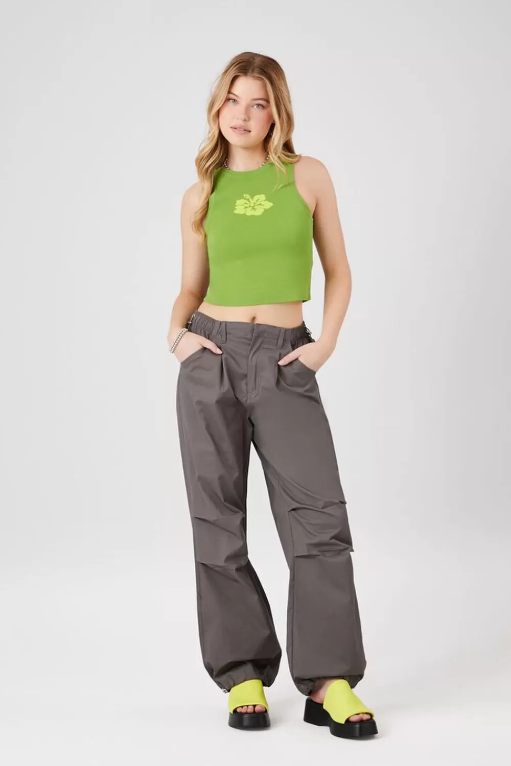 Bottoms>Forever 21 Twill Wide-Leg Cargo Pants Grey