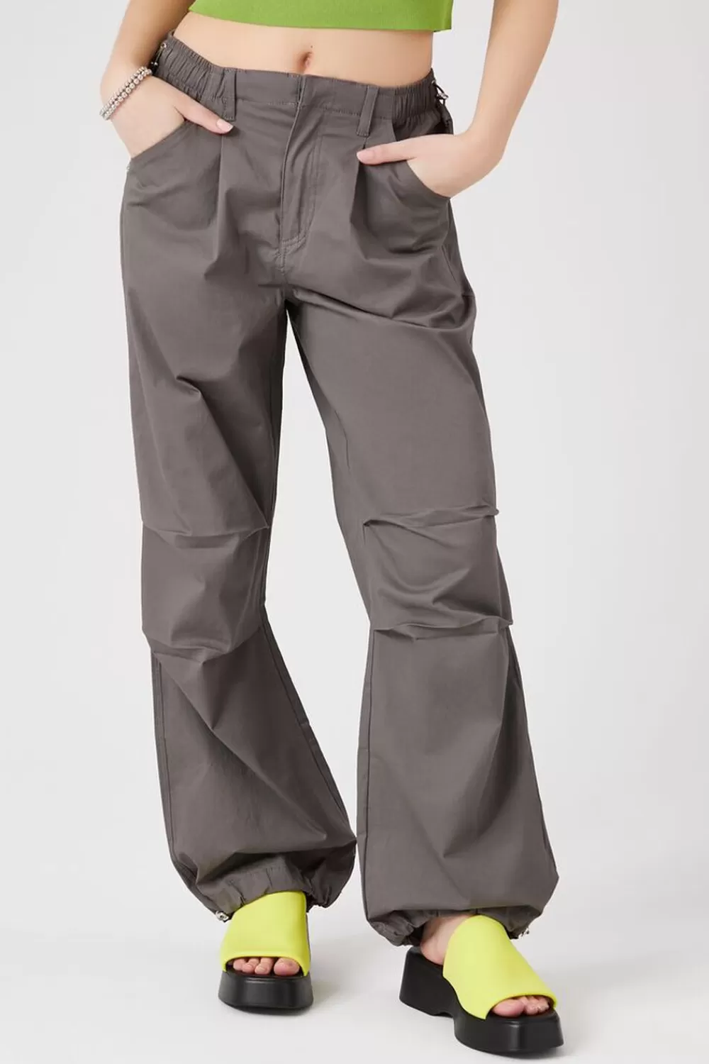 Bottoms>Forever 21 Twill Wide-Leg Cargo Pants Grey