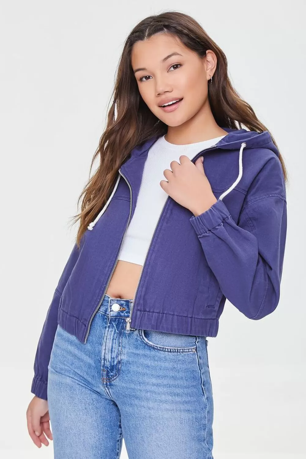 Jackets + Outerwear>Forever 21 Twill Zip-Up Hooded Jacket Navy