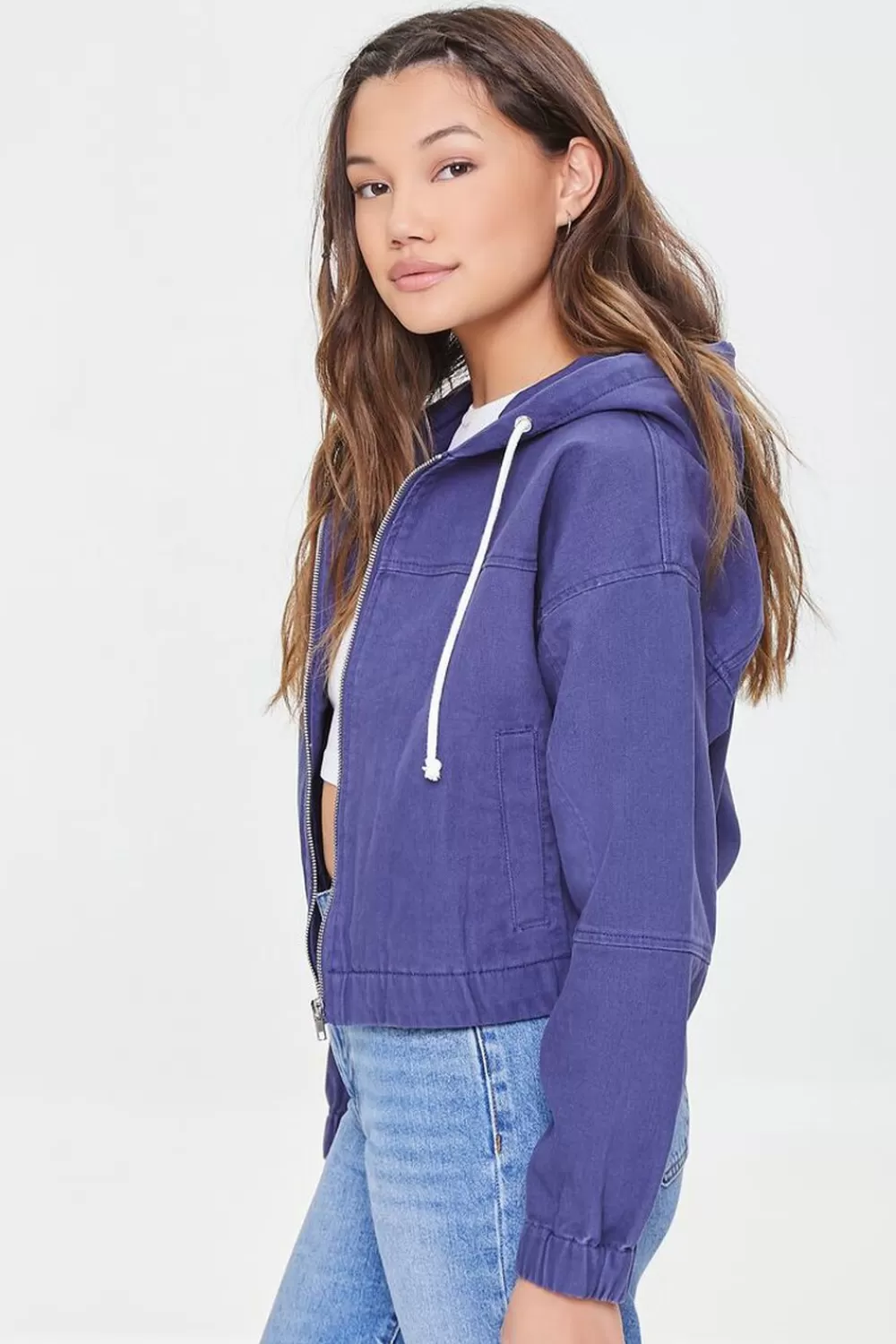 Jackets + Outerwear>Forever 21 Twill Zip-Up Hooded Jacket Navy