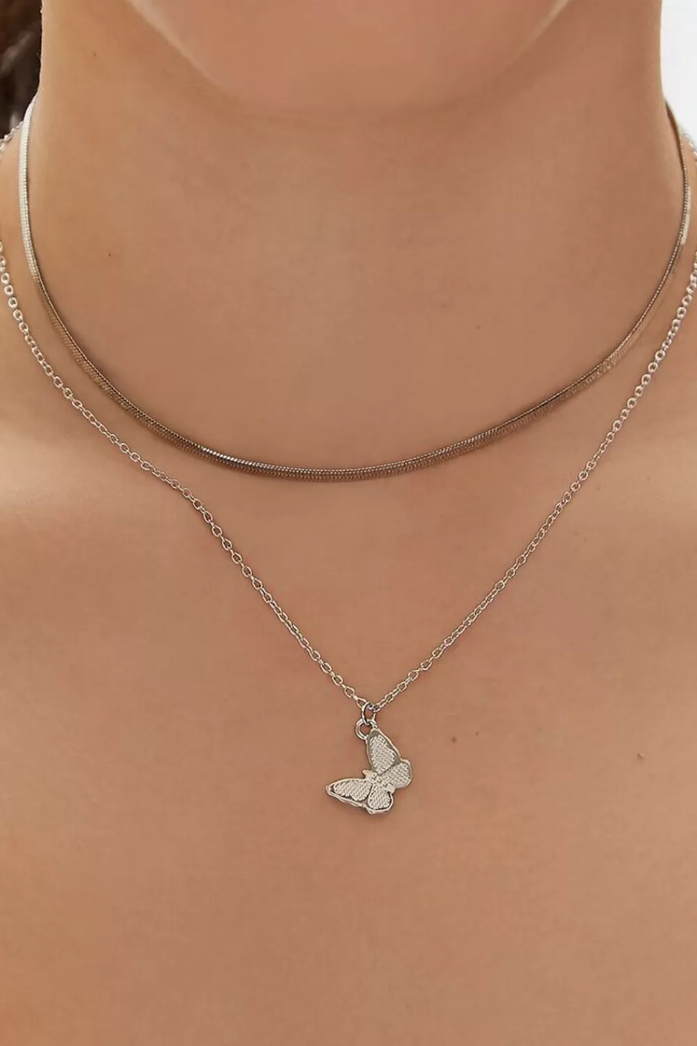 Necklaces>Forever 21 Upcycled Butterfly Charm Layered Necklace Silver