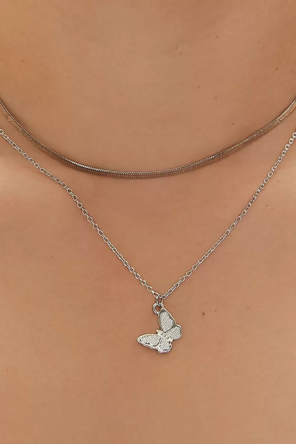 Necklaces>Forever 21 Upcycled Butterfly Charm Layered Necklace Silver