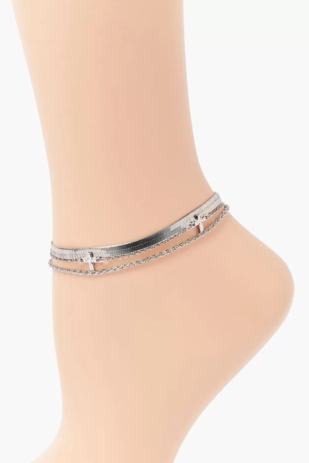Body Jewelry>Forever 21 Upcycled Cross Chain Anklet Set Silver
