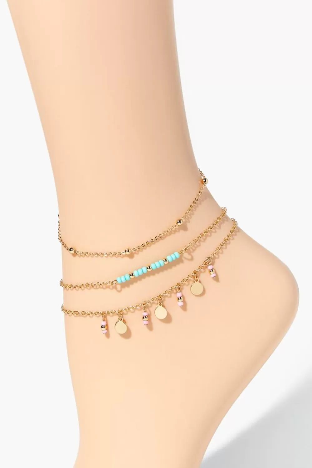 Body Jewelry>Forever 21 Upcycled Disc Beaded Anklet Set Green/Gold