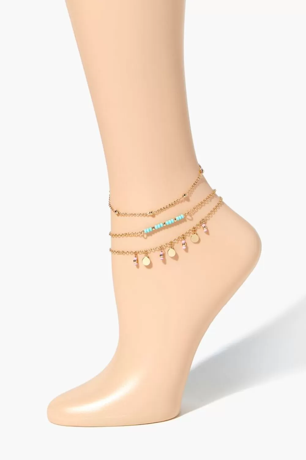 Body Jewelry>Forever 21 Upcycled Disc Beaded Anklet Set Green/Gold