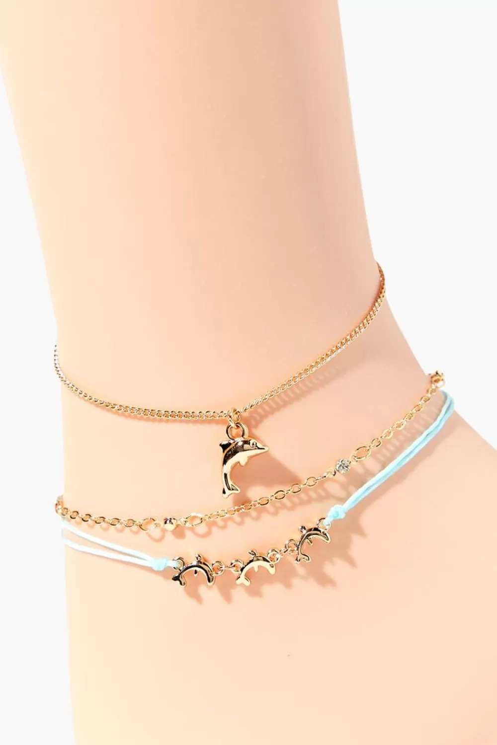 Body Jewelry>Forever 21 Upcycled Dolphin Charm Anklet Set Gold/Blue