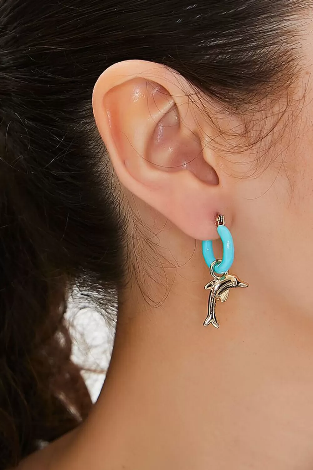 Earrings>Forever 21 Upcycled Dolphin Hoop Drop Earrings Gold/Turquoise