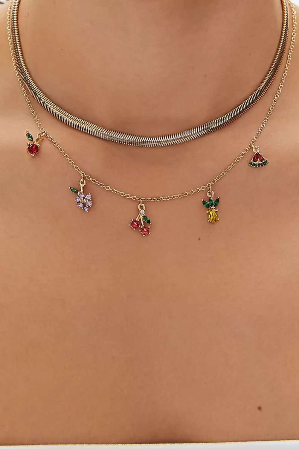 Necklaces>Forever 21 Upcycled Fruit Charm Layered Necklace Set Gold/Multi