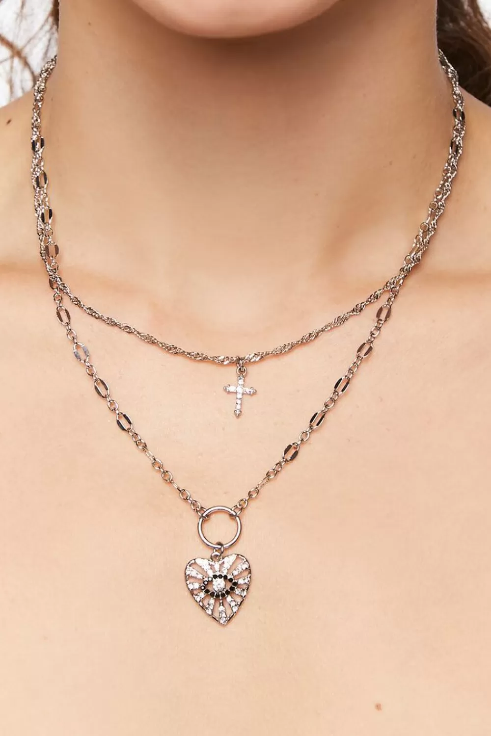 Necklaces>Forever 21 Upcycled Heart & Cross Necklace Set Silver