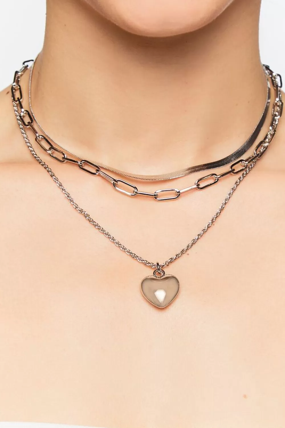Necklaces>Forever 21 Upcycled Heart Pendant Necklace Set Silver