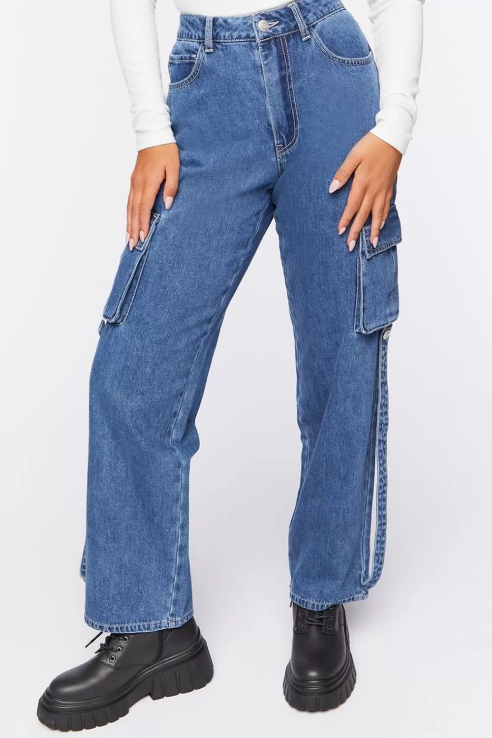 Bottoms>Forever 21 Utility Cargo Jeans Dark Denim