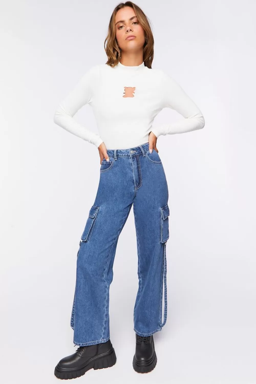 Bottoms>Forever 21 Utility Cargo Jeans Dark Denim