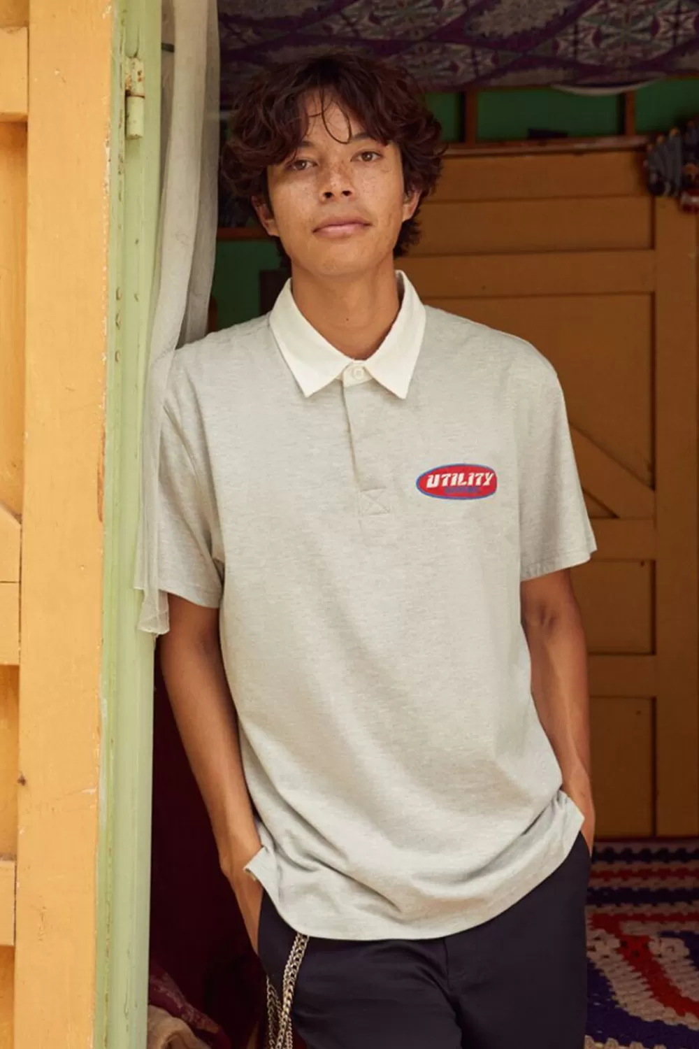 Graphic Tees>Forever 21 Utility Department Patch Polo Shirt Heather Grey/Multi