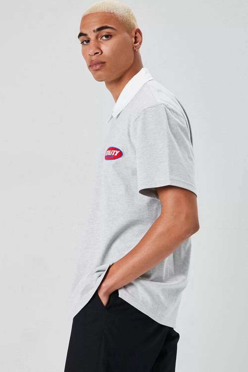 Graphic Tees>Forever 21 Utility Department Patch Polo Shirt Heather Grey/Multi