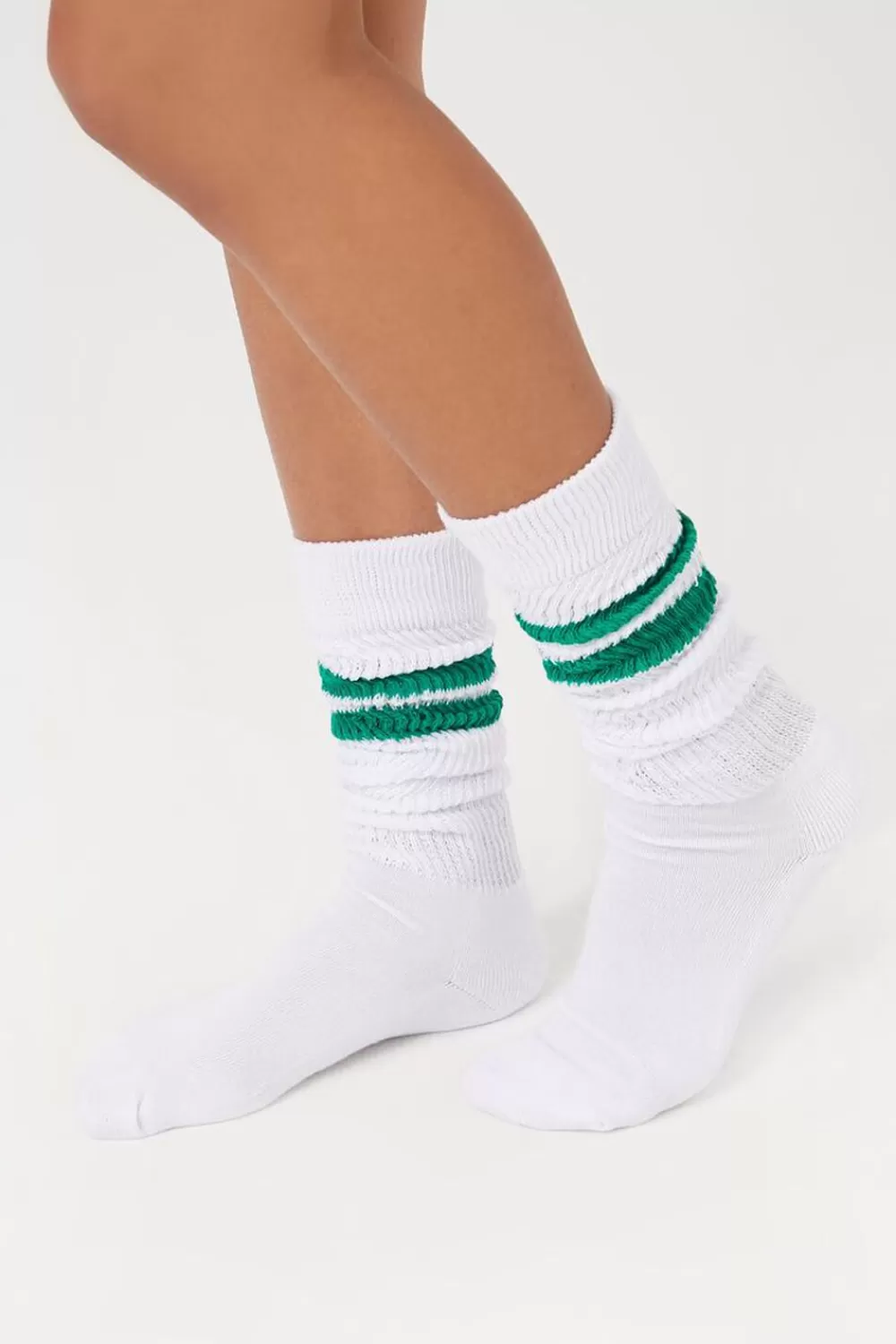 Loungewear>Forever 21 Varsity-Striped Crew Socks White/Green