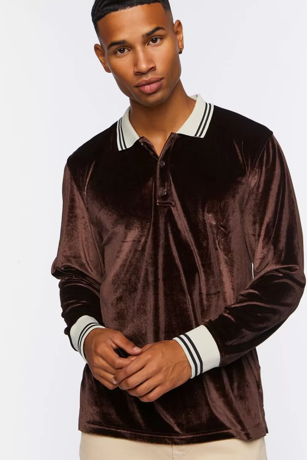 Shirts>Forever 21 Velour Contrast Striped-Trim Shirt Dark Brown