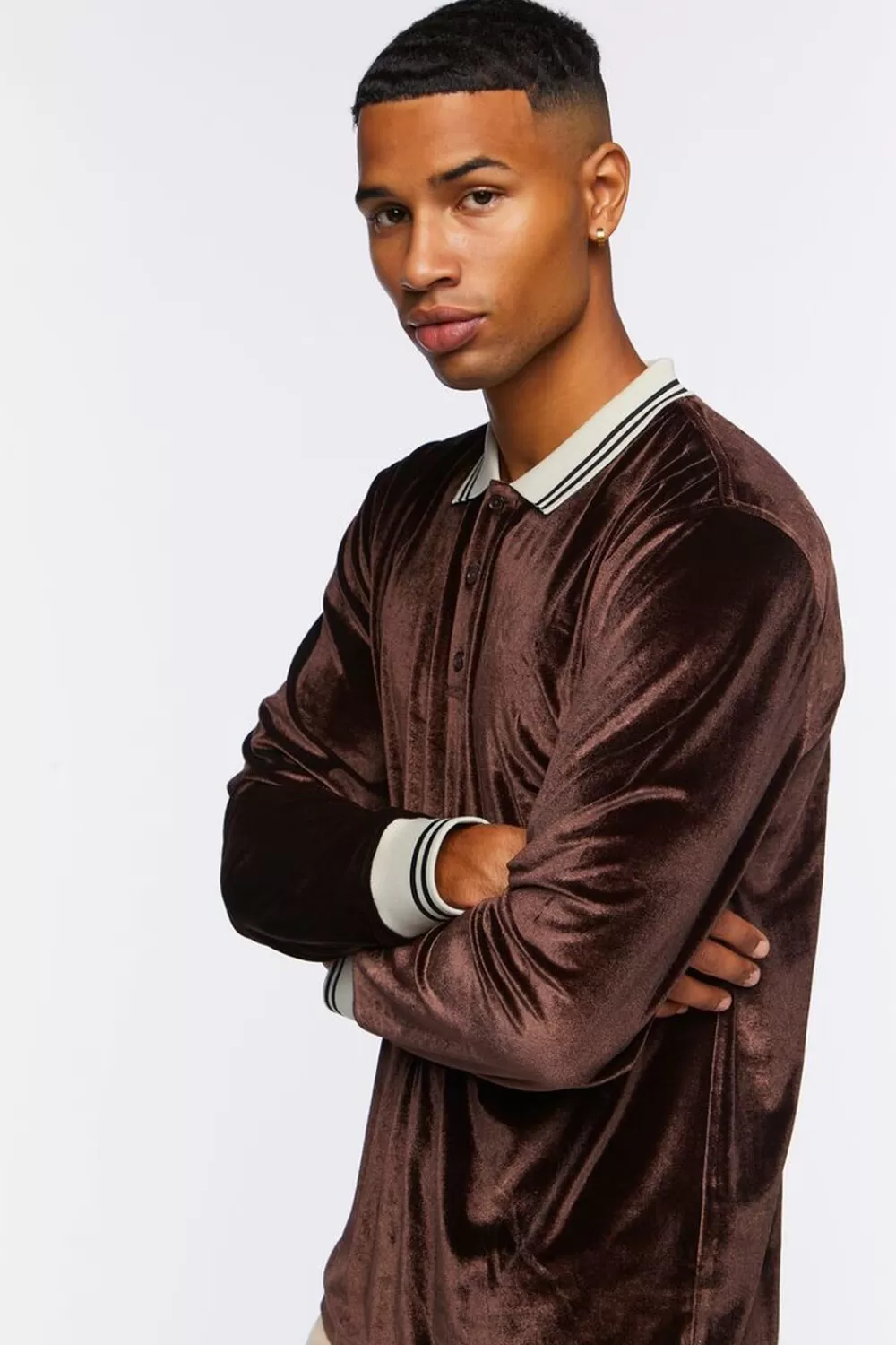 Shirts>Forever 21 Velour Contrast Striped-Trim Shirt Dark Brown