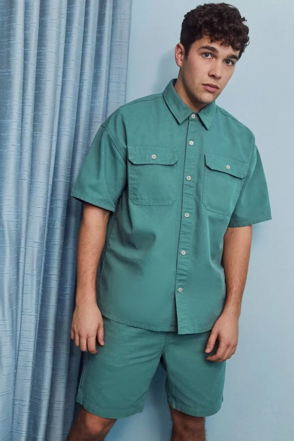 Matching Sets>Forever 21 Vented Button-Front Shirt Green