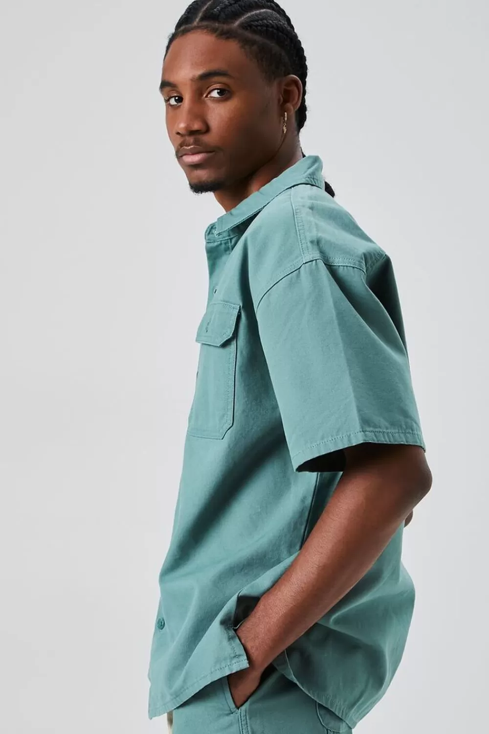 Matching Sets>Forever 21 Vented Button-Front Shirt Green