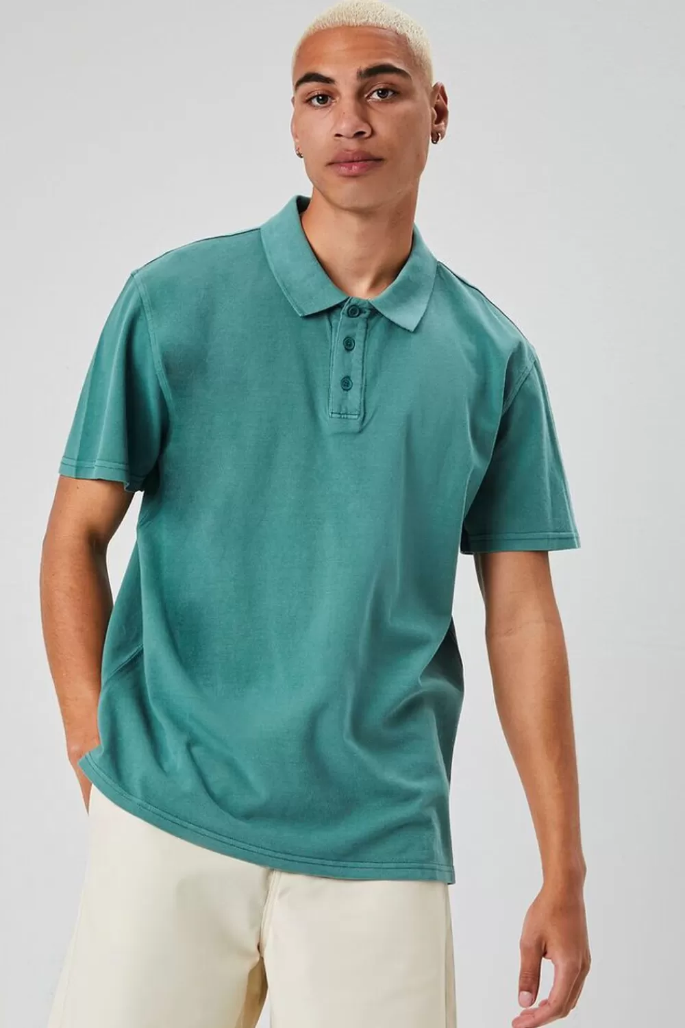 Tops>Forever 21 Vented-Hem Polo Shirt Green