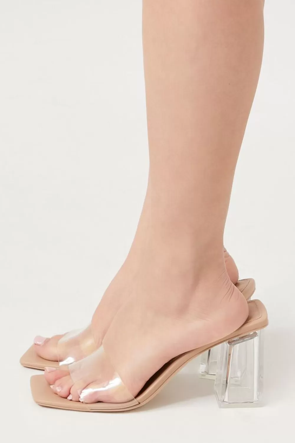 Heels>Forever 21 Vinyl Square-Toe Block Heels Nude