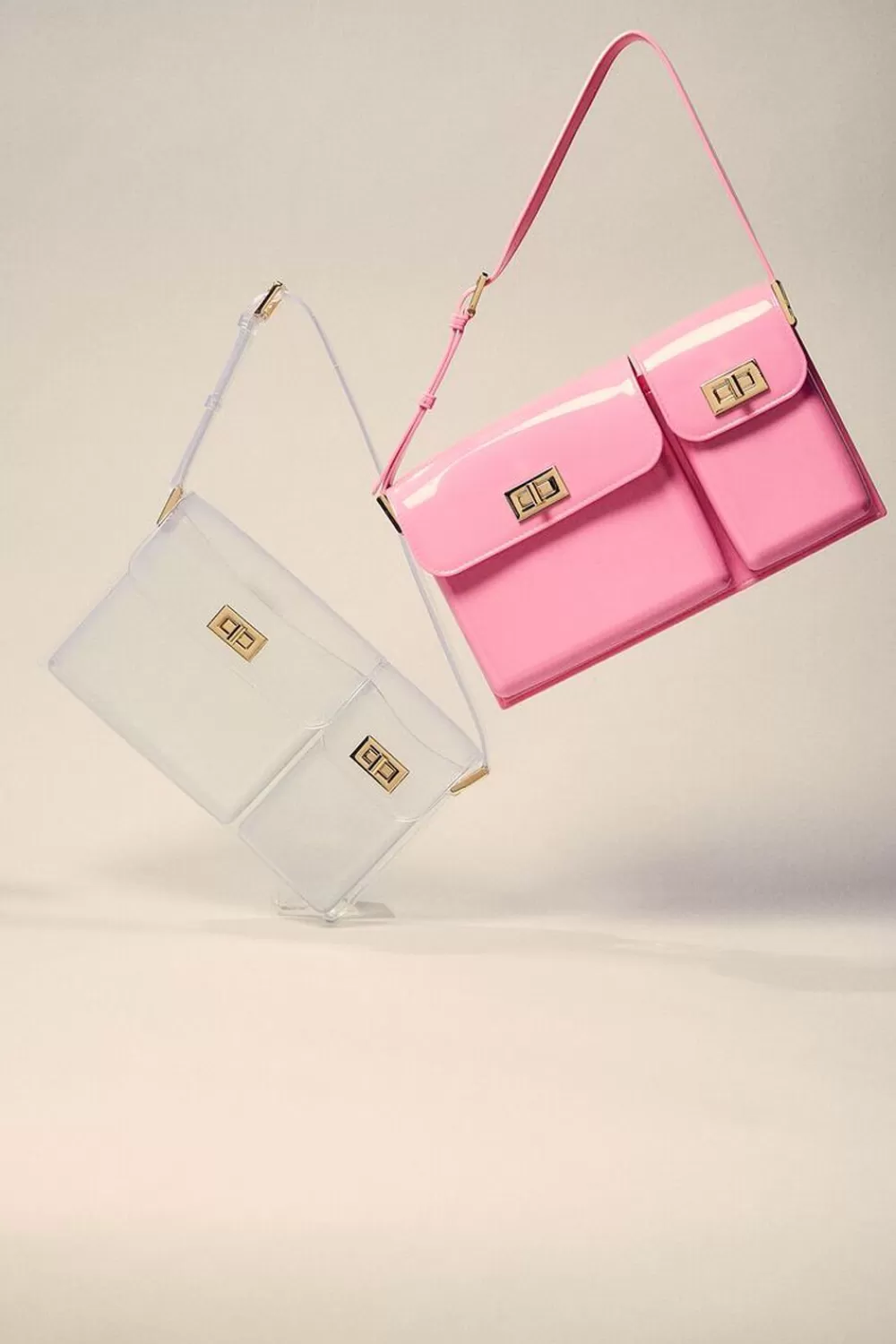 Bags + Backpacks>Forever 21 Vinyl Twist-Lock Shoulder Bag Clear