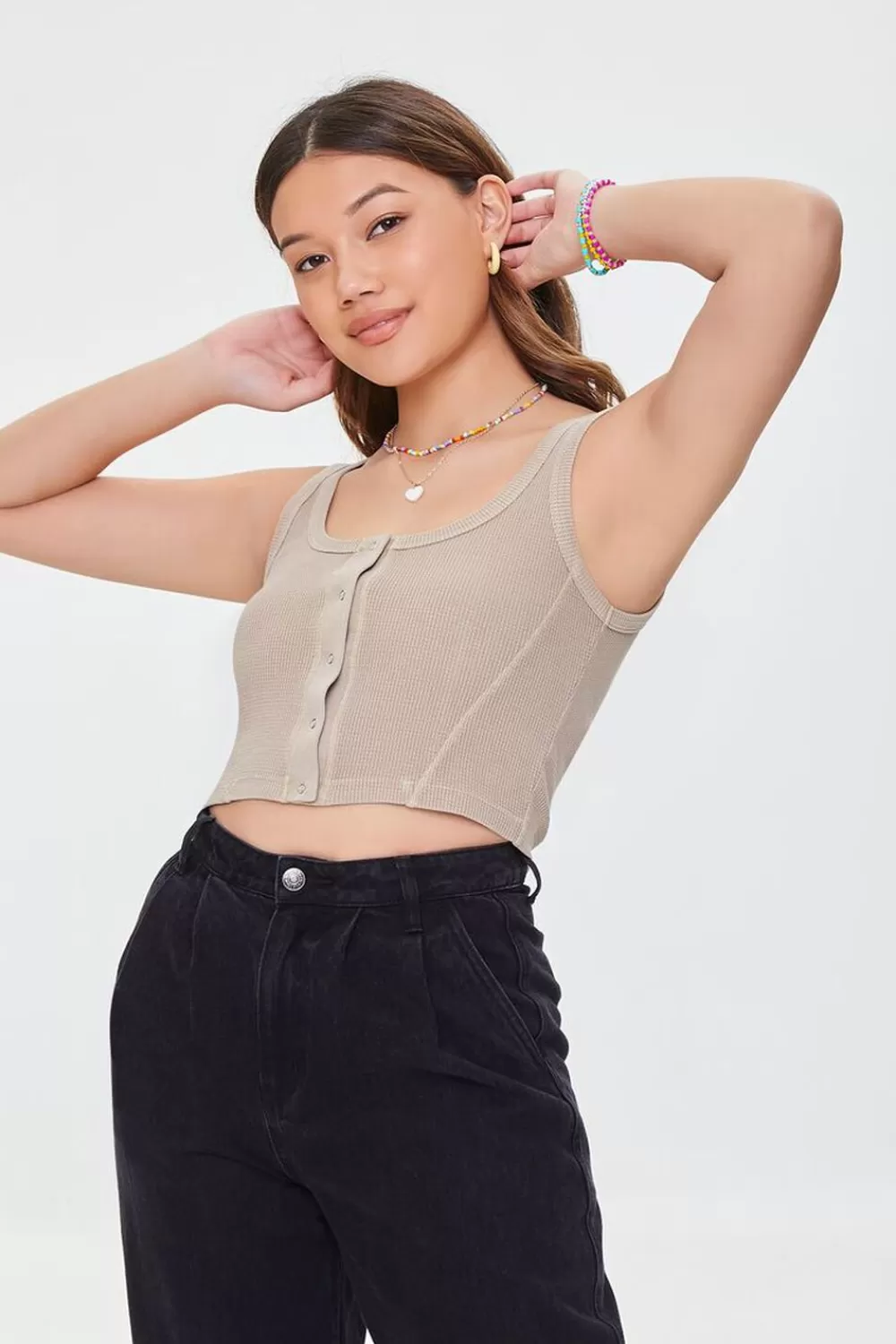 Forever 21 Waffle Knit Button-Front Crop Top | Women Tops