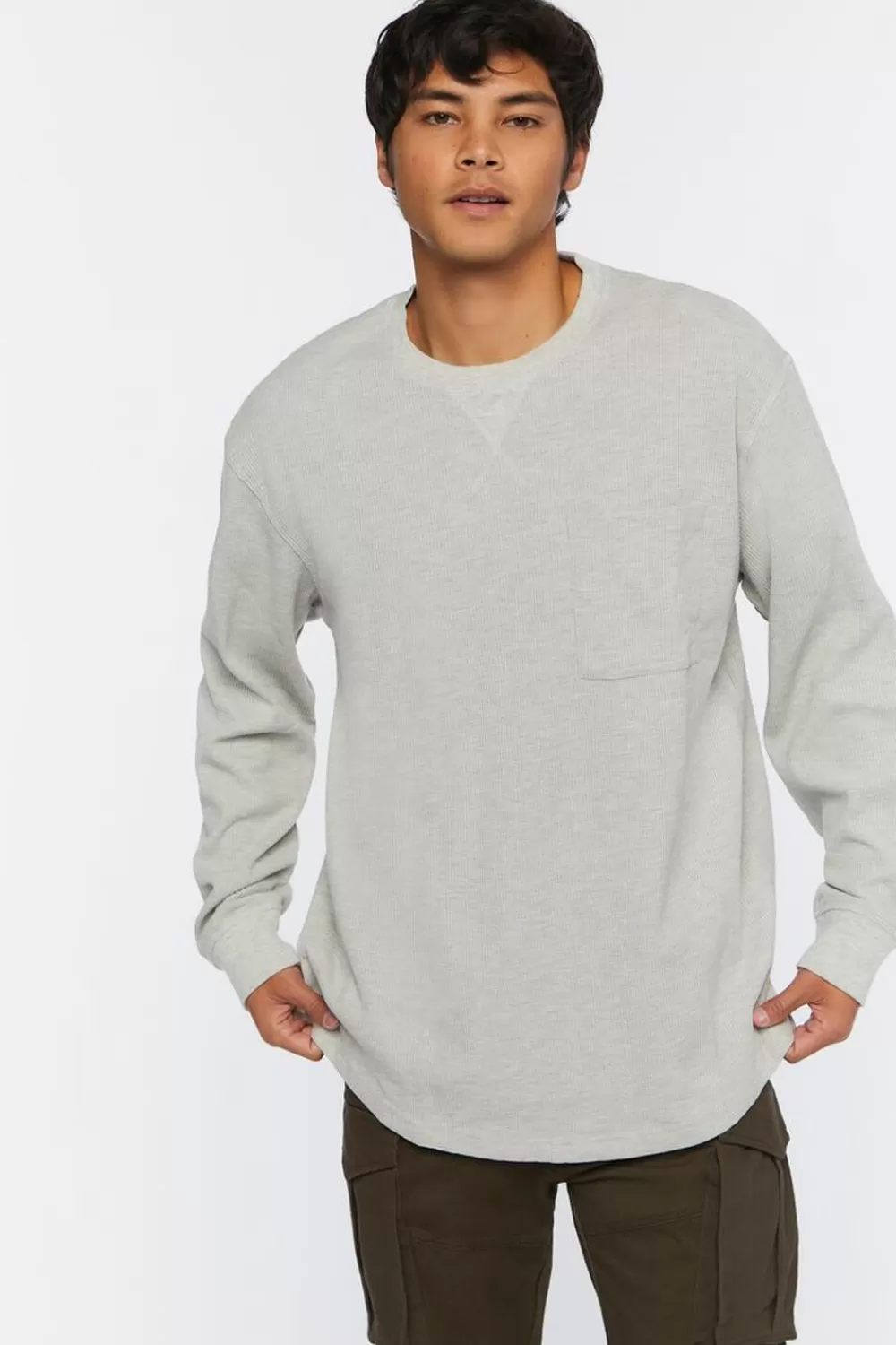 Tops>Forever 21 Waffle Knit Heathered Long-Sleeve Tee Heather Grey
