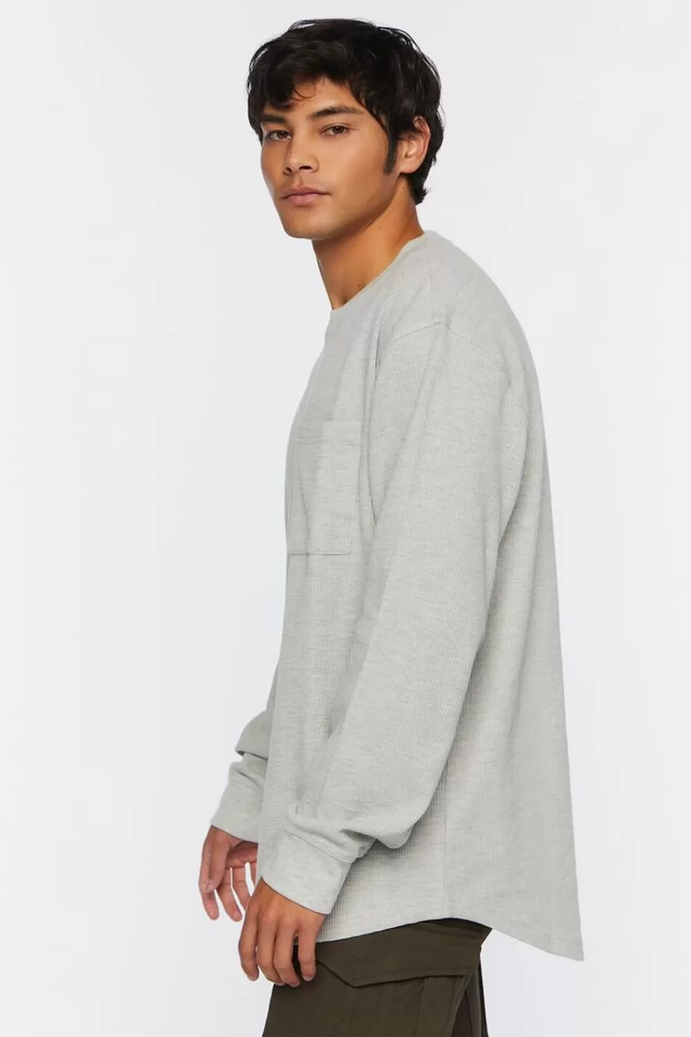 Tops>Forever 21 Waffle Knit Heathered Long-Sleeve Tee Heather Grey