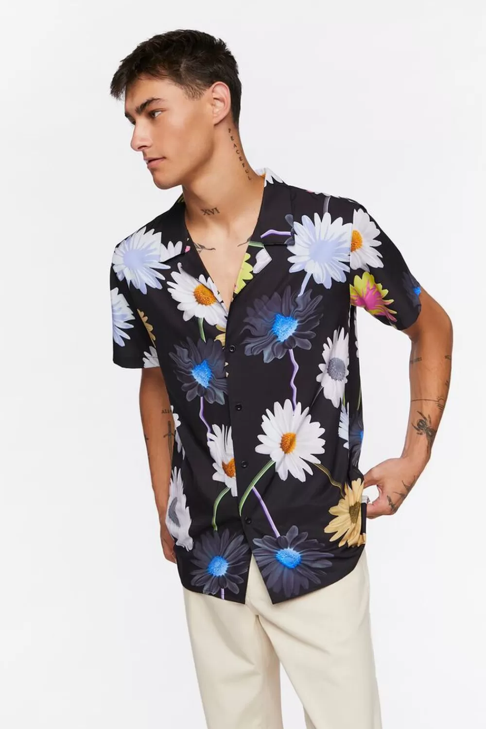 Tops>Forever 21 Warped Floral Print Shirt Black/Multi