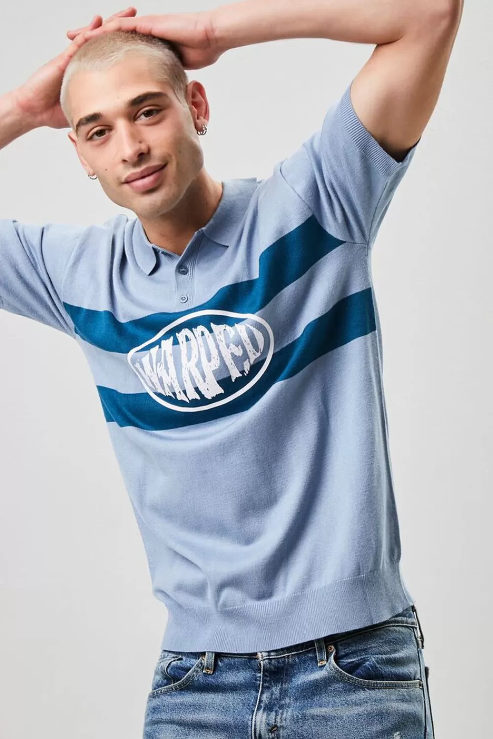 Graphic Tees>Forever 21 Warped Graphic Striped Polo Shirt Light Blue/Multi