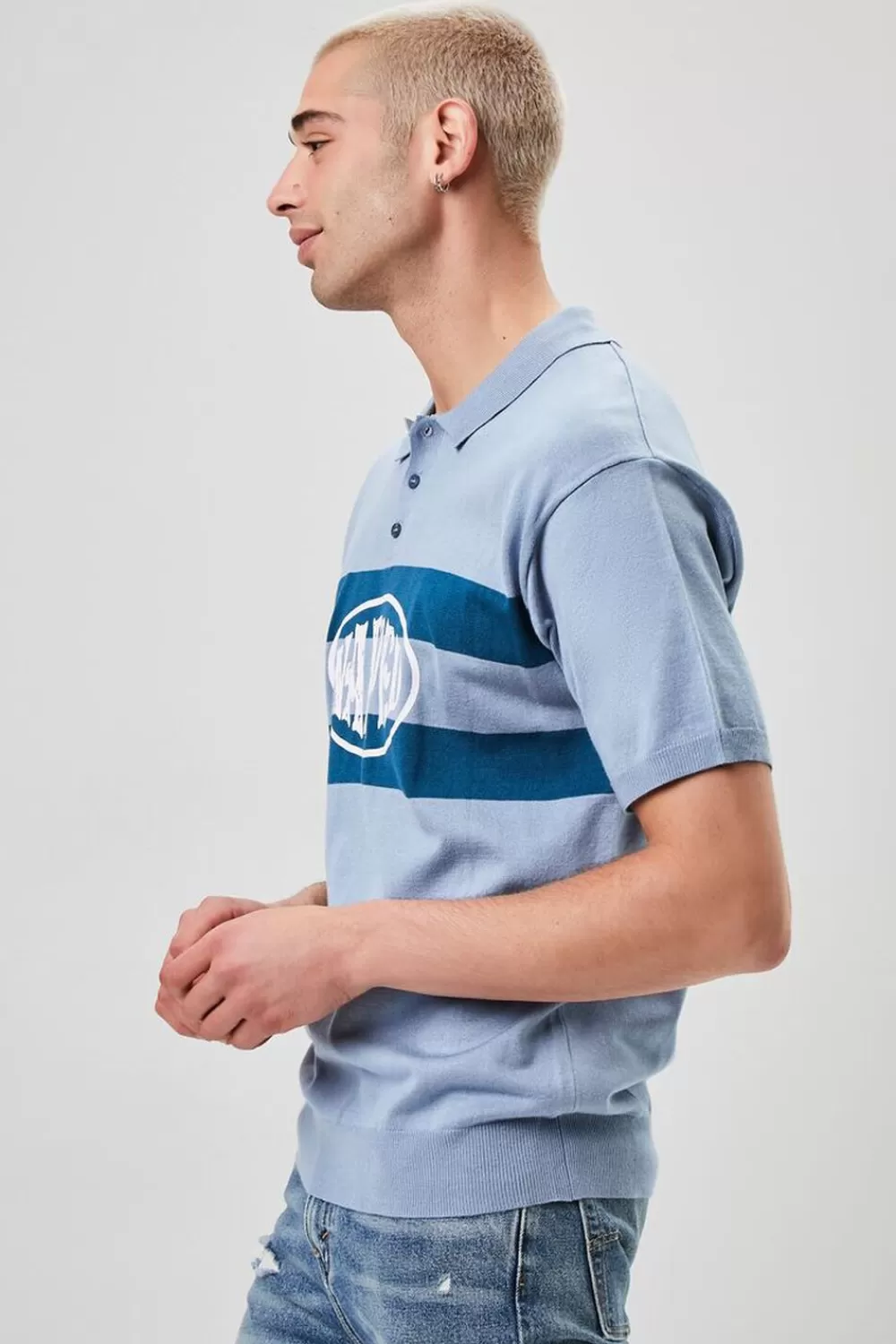 Graphic Tees>Forever 21 Warped Graphic Striped Polo Shirt Light Blue/Multi