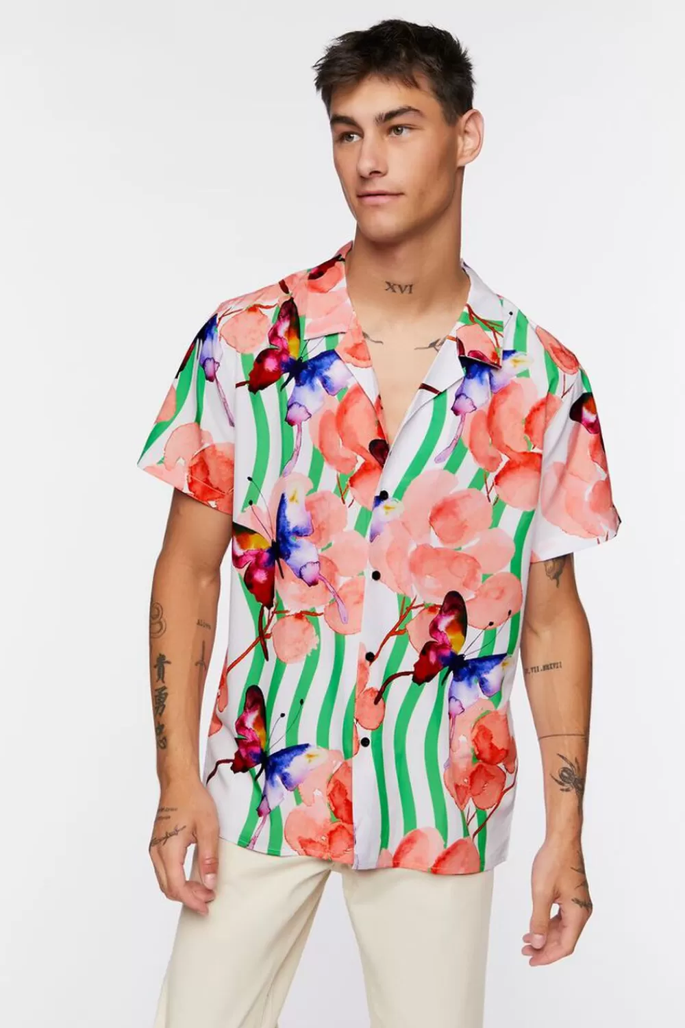 Tops>Forever 21 Watercolor Floral Butterfly Print Shirt White/Multi