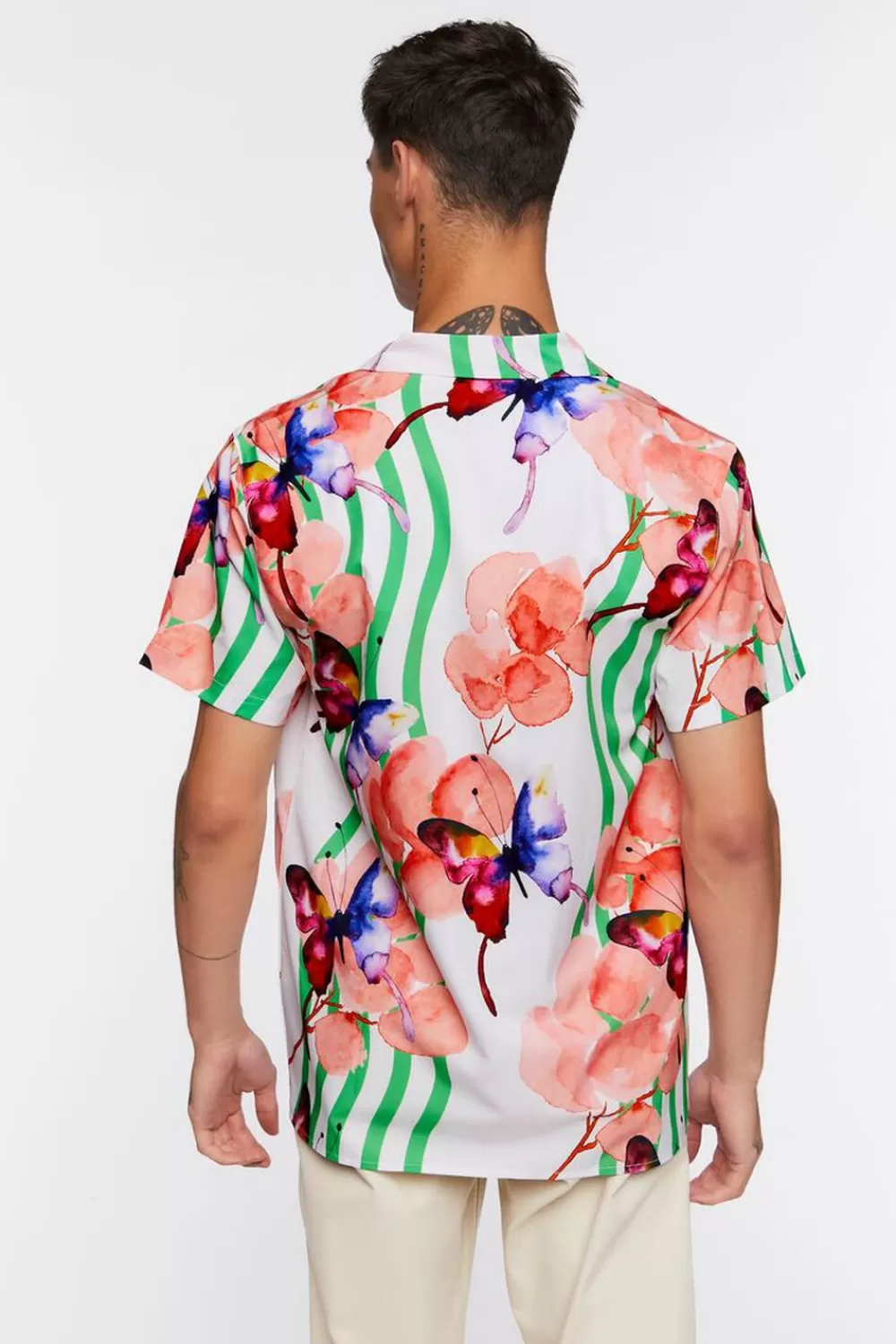 Tops>Forever 21 Watercolor Floral Butterfly Print Shirt White/Multi