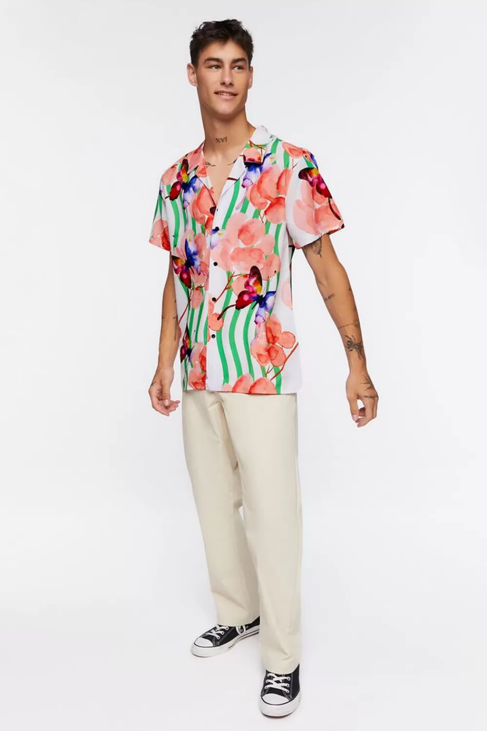 Tops>Forever 21 Watercolor Floral Butterfly Print Shirt White/Multi
