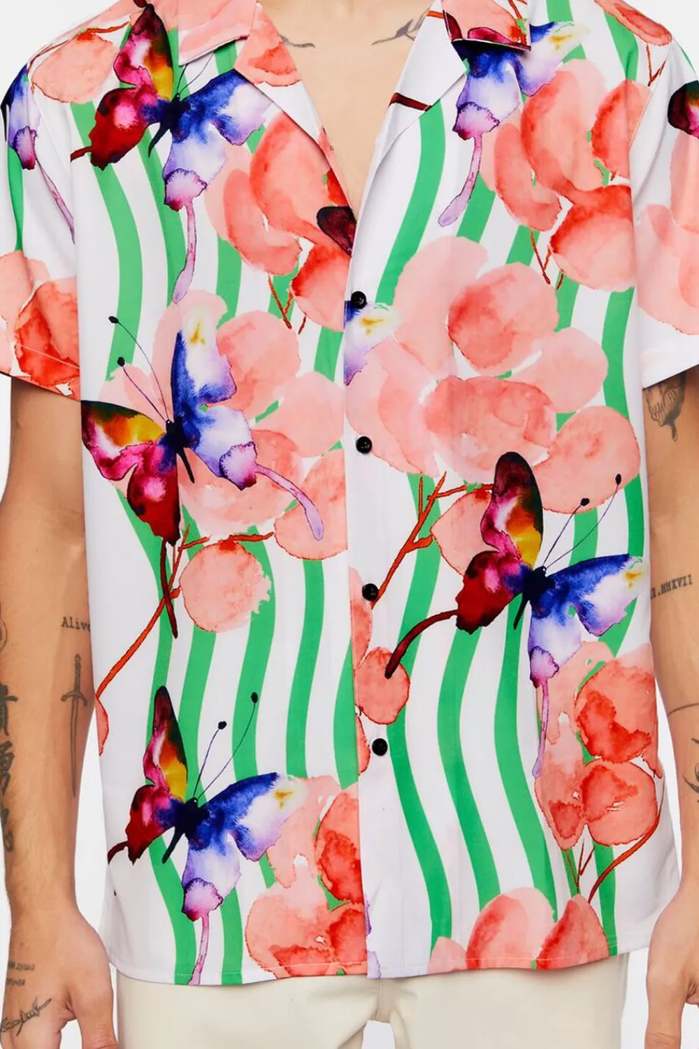 Tops>Forever 21 Watercolor Floral Butterfly Print Shirt White/Multi
